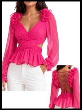 VICI Collection Chiffon Blouse Hot Pink Peplum Lace Up Back XS